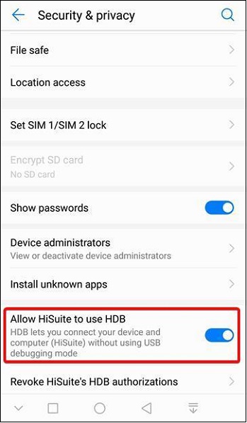 Permitir que o HiSuite use ADB