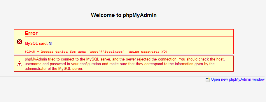 O phpMyAdmin usa entrada automática de senha, portanto o erro é acompanhado por (Usando a senha: NÃO)